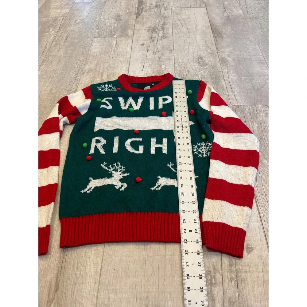 American Stitch Mens Swipe Right Ugly Christmas Sweater Reindeer Pom Poms XL